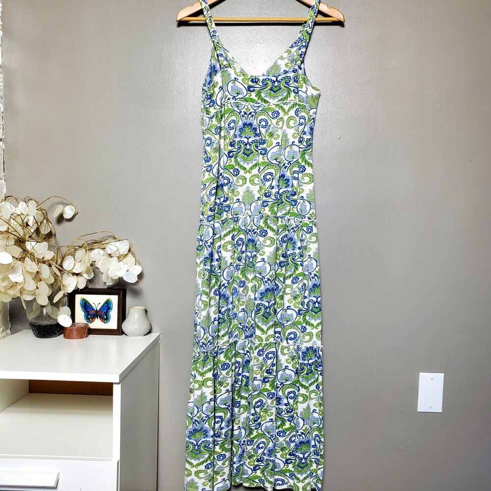 Tommy Hilfiger Floral Paisley Dress Size Medium Sleeveless Blue Green Cotton